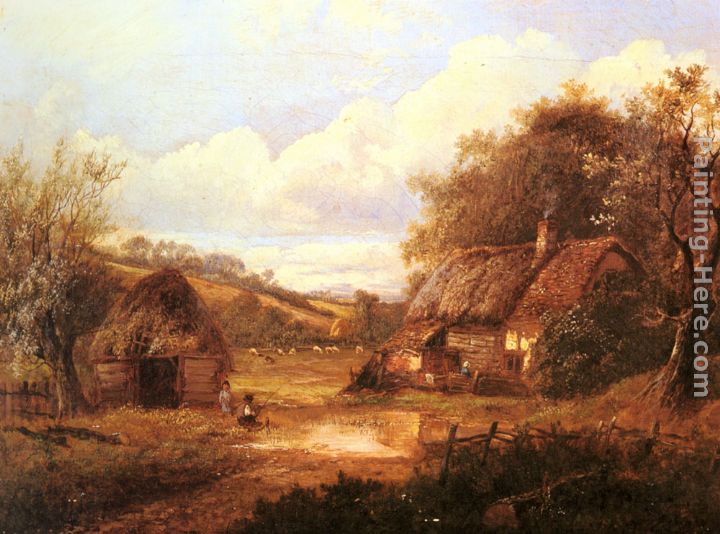 Landscape with figures outside a thatched cottage painting - Joseph Thors Landscape with figures outside a thatched cottage art painting